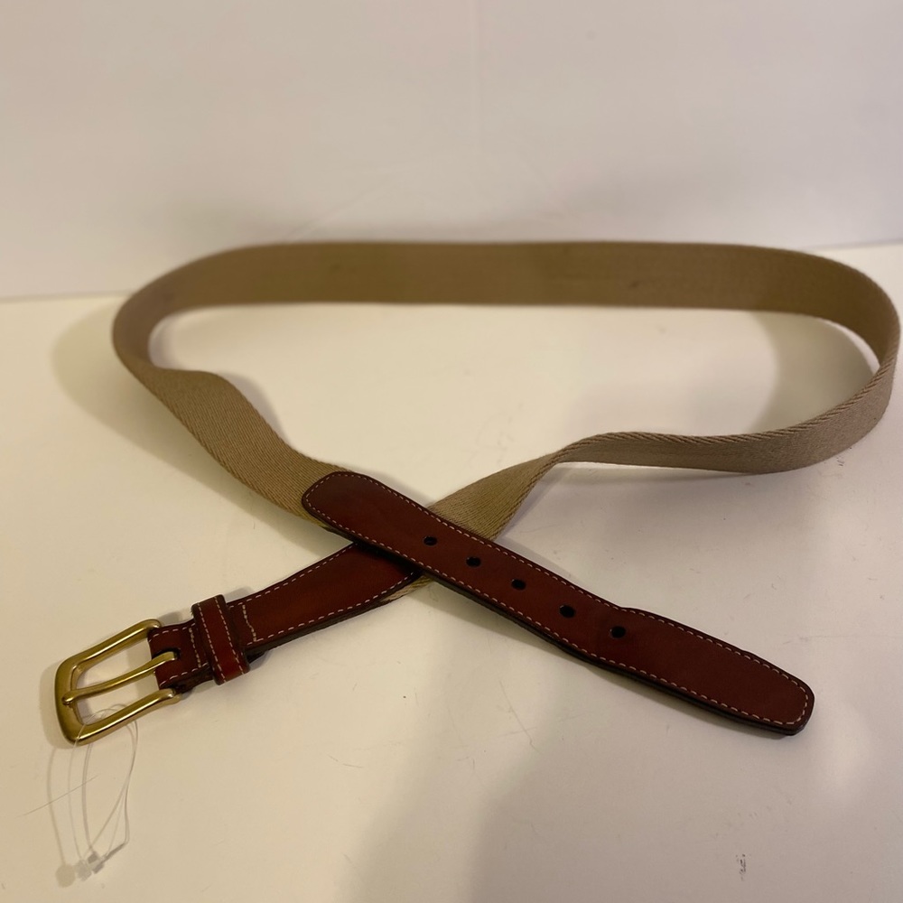 Mens tan canvas belt with brown leather trim & solid brass buckle, Size:…